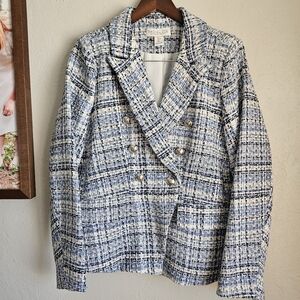 Rachel Zoe NWT Tweed Blazer Double Breasted Blue White Sz Large